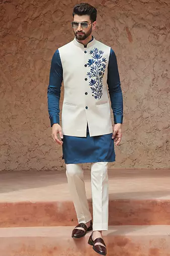 White embroidered crepe kurta nehru jacket