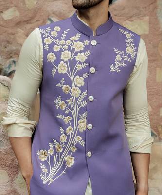 Purple embroidered crepe kurta nehru jacket 1