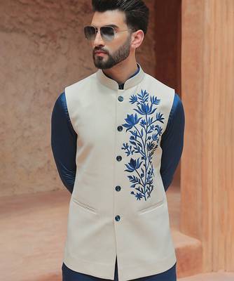 White embroidered crepe kurta nehru jacket 3