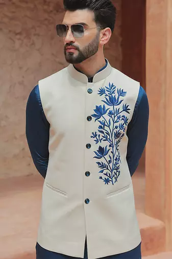 White embroidered crepe kurta nehru jacket