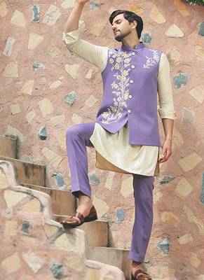 Purple embroidered crepe kurta nehru jacket 2