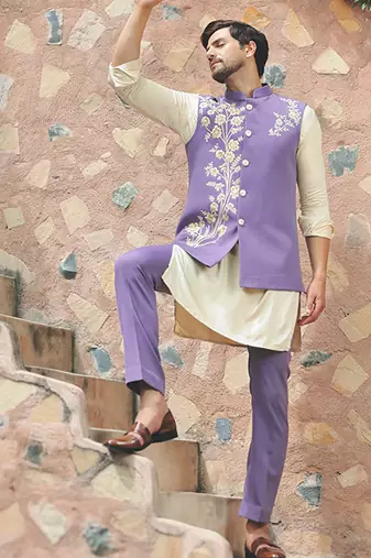 Purple embroidered crepe kurta nehru jacket