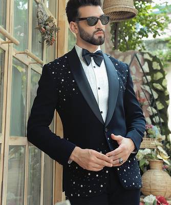 Blue embroidered crepe tuxedo 1