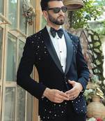 Blue embroidered crepe tuxedo