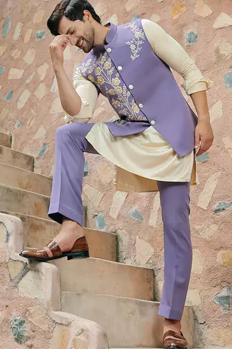 Purple embroidered crepe kurta nehru jacket