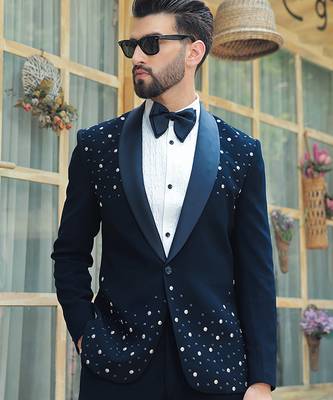 Blue embroidered crepe tuxedo 2