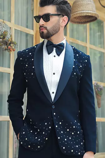 Blue embroidered crepe tuxedo