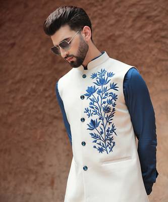 White embroidered crepe kurta nehru jacket 4