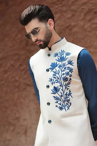 White embroidered crepe kurta nehru jacket