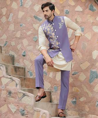 Purple embroidered crepe kurta nehru jacket 4