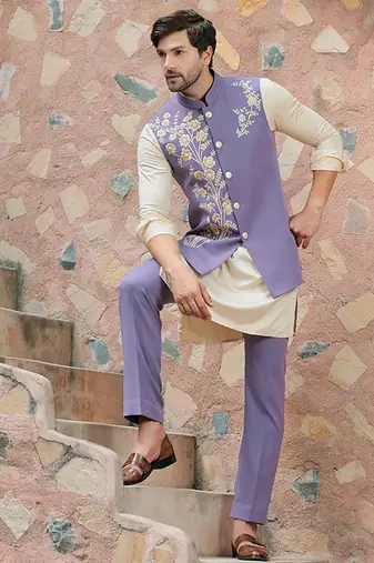 Purple embroidered crepe kurta nehru jacket