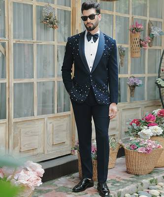 Blue embroidered crepe tuxedo 3