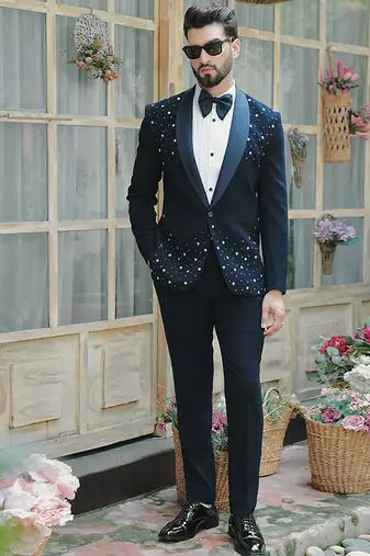 Blue embroidered crepe tuxedo