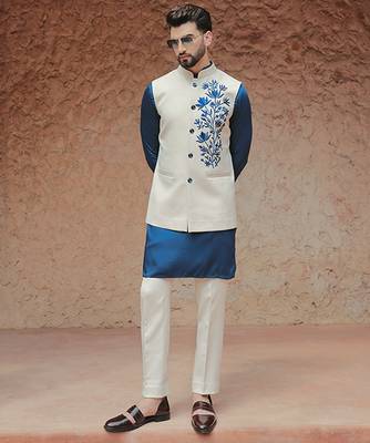 White embroidered crepe kurta nehru jacket 5