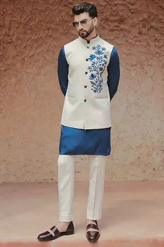 White embroidered crepe kurta nehru jacket
