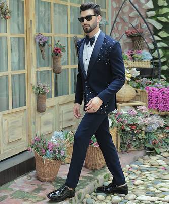 Blue embroidered crepe tuxedo 4