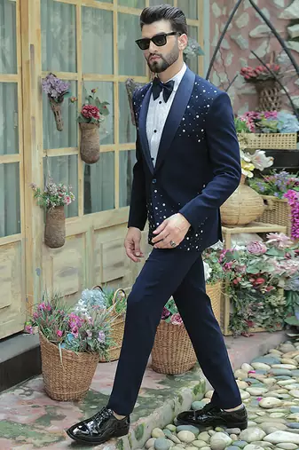 Blue embroidered crepe tuxedo