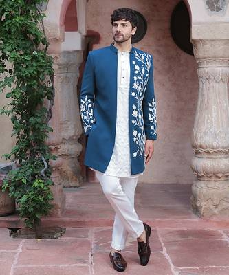 Blue embroidered crepe indo-western 2