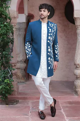 Blue embroidered crepe indo-western
