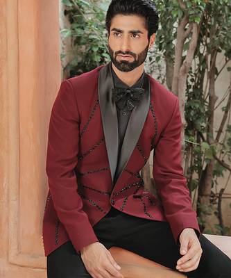 Red embroidered crepe tuxedo 1