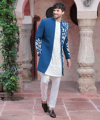 Blue embroidered crepe indo-western 3