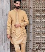 Yellow embroidered jute open jackets