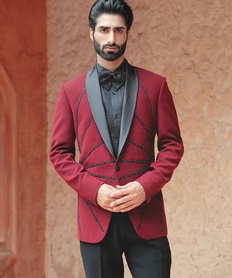 Red embroidered crepe tuxedo 2