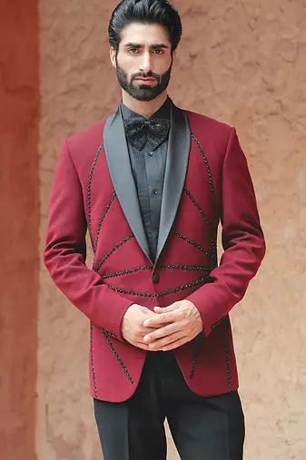 Red embroidered crepe tuxedo