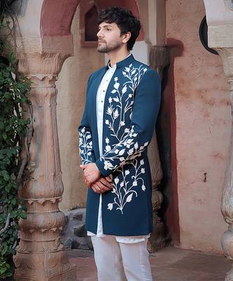 Blue embroidered crepe indo-western 4