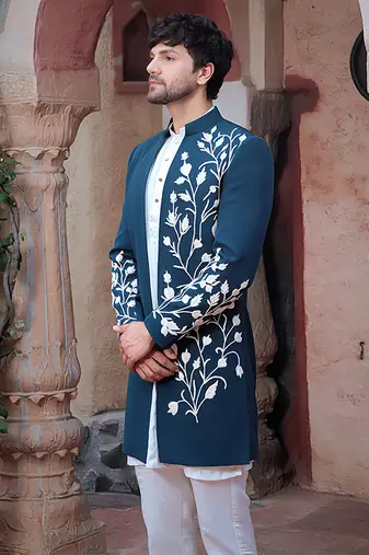 Blue embroidered crepe indo-western