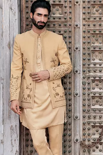 Yellow embroidered jute open jackets