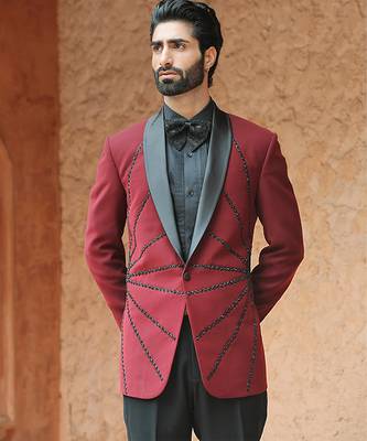 Red embroidered crepe tuxedo 3