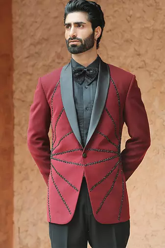 Red embroidered crepe tuxedo