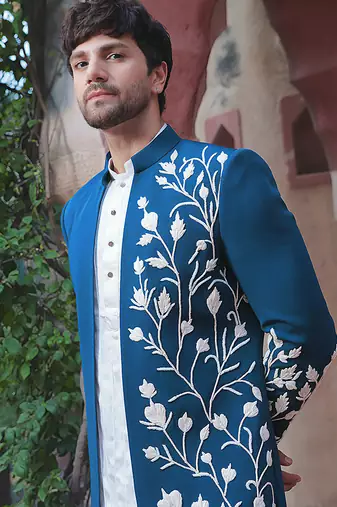 Blue embroidered crepe indo-western