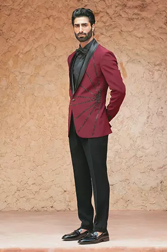 Red embroidered crepe tuxedo