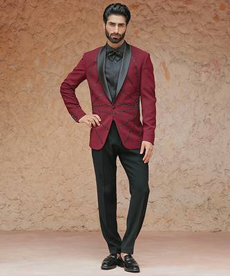 Red embroidered crepe tuxedo 5