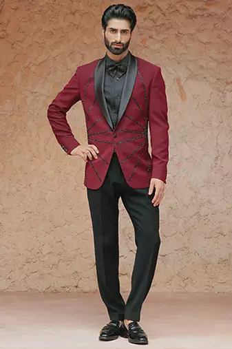 Red embroidered crepe tuxedo