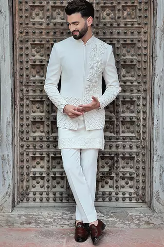 White embroidered jute open jackets