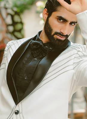 White embroidered crepe tuxedo 2