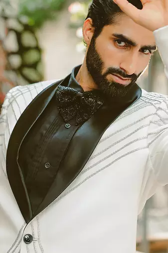 White embroidered crepe tuxedo