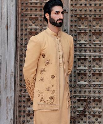 Yellow embroidered jute open jackets 5