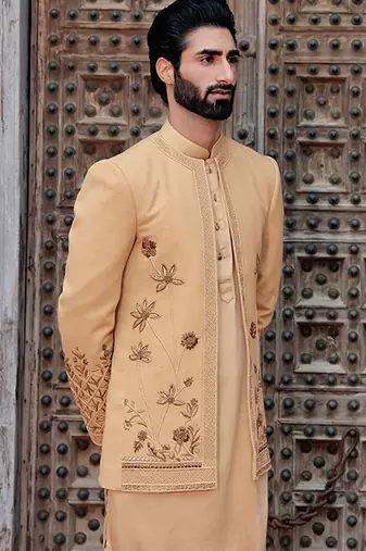 Yellow embroidered jute open jackets