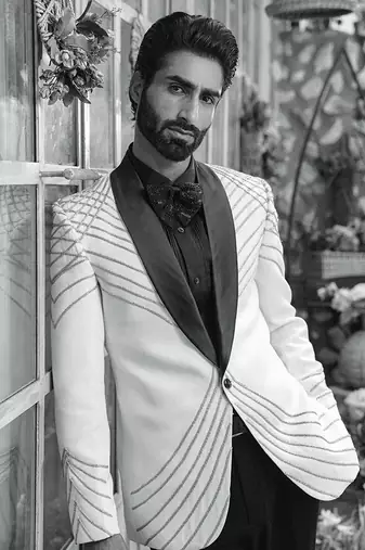White embroidered crepe tuxedo