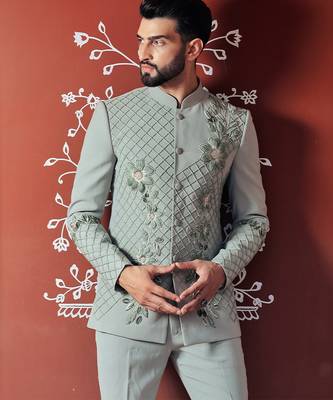 Blue embroidered crepe bandhgala 1