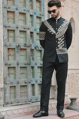 Black embroidered jute bandhgala