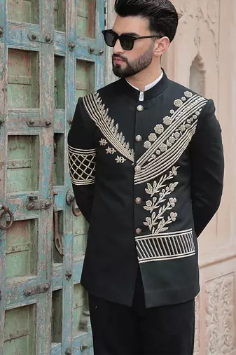 Black embroidered jute bandhgala