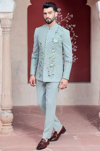 Blue embroidered crepe bandhgala