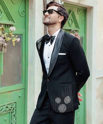 Black embroidered crepe tuxedo 1