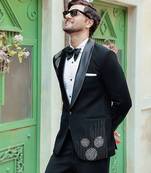 Black embroidered crepe tuxedo