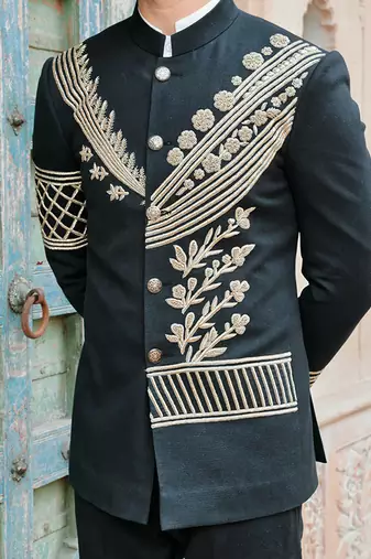Black embroidered jute bandhgala
